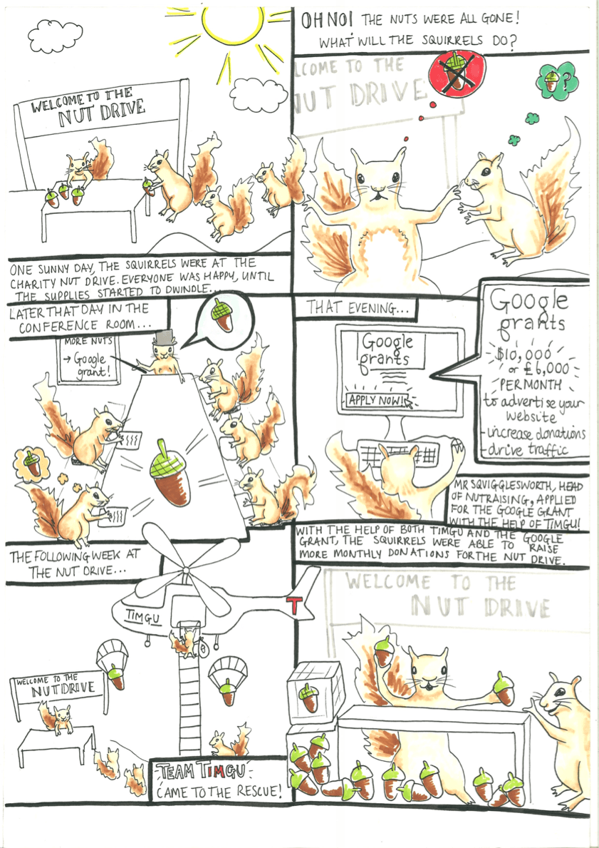 The Tim Guu squirrel comic: squirrels run out of nuts, apply for a Google Grant, and Team Timgu arrives with acorns.
